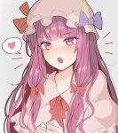  1girl blush bow bowtie hat heart highres mob_cap one-hour_drawing_challenge open_mouth patchouli_knowledge purple_hair solo speech_bubble sssoomm112 sweat sweatdrop touhou v-shaped_eyebrows violet_eyes 