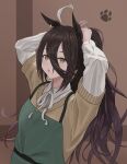  1girl absurdres adjusting_hair animal_ears apron black_hair blush brown_background chestnut_mouth collared_shirt commentary_request earrings green_apron hair_between_eyes highres horse_ears horse_girl jewelry kuronagasu_ir long_hair looking_at_viewer manhattan_cafe_(umamusume) multicolored_hair official_alternate_costume open_mouth ponytail ribbon shirt simple_background single_earring solo streaked_hair sweater umamusume upper_body white_hair white_ribbon white_shirt yellow_sweater 