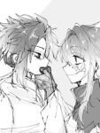 2boys chinese_commentary closed_mouth commentary_request gloves greyscale hair_intakes highres hood hood_down hoodie long_sleeves male_focus monochrome multiple_boys mutsushika_misumi nijou_ryuu patchwork_skin saibou_shinkyoku short_hair short_hair_with_long_locks sketch smile sweat youchengshidai28387 