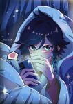  1boy absurdres black_hair blanket blue_hair blush braid cellphone closed_mouth covering_own_mouth genshin_impact gradient_hair green_eyes hand_over_own_mouth heart heart-shaped_pupils highres holding holding_phone lkari_shi long_sleeves male_focus multicolored_hair phone smartphone smile solo symbol-shaped_pupils twin_braids venti_(genshin_impact) 