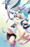  1girl :d arm_up bare_shoulders black_shorts blue_hair blue_pupils booyah_bomb_(splatoon) bracelet floating_hair gradient_background inkling inkling_girl inkling_player_character jewelry koike3582 long_hair open_mouth outline pointy_ears red_eyes shoes shorts single_bare_arm smile solo splatoon_(series) suction_cups tank_top teeth tentacle_hair upper_teeth_only white_outline white_tank_top 