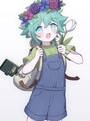  1boy antenna_hair backpack bag basil_(headspace)_(omori) basil_(omori) blue_overalls blush colored_skin cowboy_shot flower flower_wreath green_eyes green_hair hatoba_(hatoba_yado) head_wreath highres holding holding_flower looking_at_viewer omori open_mouth overall_shorts overalls short_hair smile solo watch watch white_skin 