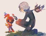  1boy amethio_(pokemon) beak bird bird_tail black_gloves black_hair black_pants black_shirt charcadet commentary_request fire gloves grey_hair highres kura_ng20 male_focus medium_hair on_grass on_one_knee pants pokemon pokemon_(anime) pokemon_(creature) pokemon_horizons red_eyes rookidee shirt tail talons wings 