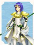  1girl armor blue_eyes blue_hair breastplate cape catalena_(fire_emblem) commentary_request fingerless_gloves fire_emblem fire_emblem:_radiant_dawn gloves holding holding_polearm holding_weapon knight looking_at_viewer pauldrons polearm purutoppu_(toranohige) short_hair shoulder_armor solo weapon white_cape yellow_armor 
