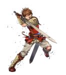  1boy brown_eyes brown_gloves brown_hair clenched_teeth damaged edward_(fire_emblem) fingerless_gloves fire_emblem fire_emblem:_radiant_dawn fire_emblem_heroes gloves highres non-web_source official_art one_eye_closed scabbard sheath solo sword sword_guard_stance teeth weapon 