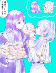  2girls absurdres blue_background blue_eyes capelet commentary_request dated doughnut dress earrings eating elf feeding fern_(sousou_no_frieren) food food_on_face frieren hand_on_another&#039;s_wrist highres holding holding_plate jewelry long_hair multiple_girls plate pointy_ears puffy_cheeks purple_hair purple_robe robe shared_food simple_background sousou_no_frieren speech_bubble thick_eyebrows translated twintails twitter_username violet_eyes white_capelet white_dress white_hair yuri_kyanon 