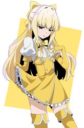  1girl blonde_hair blue_eyes boots bow collared_shirt commentary_request dress_shirt elbow_gloves fold-over_boots frilled_skirt frills gloves half-closed_eyes hand_up heart high-waist_skirt highres long_hair looking_at_viewer magia_sulfur mahou_shoujo_ni_akogarete nyaru_(nyaru_4126) parted_lips puffy_short_sleeves puffy_sleeves shirt short_sleeves skirt skirt_hold solo tenkawa_kaoruko thigh_boots two-tone_background very_long_hair white_background white_shirt yellow_background yellow_bow yellow_footwear yellow_gloves yellow_skirt 