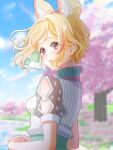  1girl absurdres animal_ear_fluff animal_ears blonde_hair blouse blue_sky blurry blurry_background blush cherry_blossoms clouds cloudy_sky commentary_request day fox_ears fox_girl heart heart-shaped_pupils highres hololive kai_otk looking_at_viewer looking_back multicolored_hair official_alternate_costume official_alternate_hair_length official_alternate_hairstyle omaru_polka omaru_polka_(street_casual) outdoors pink_hair see-through see-through_sleeves shirt short_sleeves sidelocks sky solo streaked_hair symbol-shaped_pupils tree upper_body violet_eyes virtual_youtuber white_shirt 