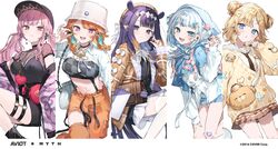  5girls ad animal_hood bag baseball_cap blonde_hair blue_eyes bow bubba_(watson_amelia) bucket_hat earphones earphones earrings elbow_gloves english_text gawr_gura gloves gradient_hair hat highres hololive hololive_english holomyth hood jewelry logo looking_at_viewer mori_calliope multicolored_hair multiple_girls necktie nekoyashiki_pushio ninomae_ina&#039;nis official_alternate_costume official_art orange_hair pink_eyes pink_hair product_placement purple_hair sharp_teeth sketchbook skirt takanashi_kiara takodachi_(ninomae_ina&#039;nis) teeth thigh-highs twintails virtual_youtuber watson_amelia white_background white_hair 