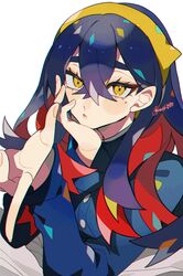  1girl black_hair blue_jacket carmine_(pokemon) colored_inner_hair crossed_bangs eyelashes hair_between_eyes hairband highres jacket kawasaki_(kwsk_8765) long_hair long_sleeves looking_at_viewer mole mole_under_eye multicolored_hair open_mouth pokemon pokemon_sv redhead two-tone_hair yellow_eyes yellow_hairband 