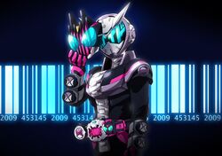  1boy 2009 alternate_eye_color armor barcode belt bodysuit commentary decade_rider_watch glowing glowing_eyes helmet highres holding holding_mask hologram iku_driver kamen_rider kamen_rider_dcd kamen_rider_decade kamen_rider_zi-o kamen_rider_zi-o_(series) male_focus mask otokamu rider_belt solo ziku_driver 