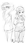  1girl absurdres blue_sky_(kbluebirdart) commentary english_commentary greyscale hands_in_own_hair highres looking_at_viewer monochrome multiple_views official_alternate_hairstyle pants pointy_ears princess_zelda prototype_design shirt short_hair short_shorts shorts sleeveless sleeveless_shirt standing the_legend_of_zelda the_legend_of_zelda:_tears_of_the_kingdom very_short_hair 