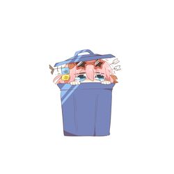  1girl arrow_(projectile) arrow_in_body arrow_in_head blue_eyes bocchi_the_rock! chibi cube_hair_ornament eyewear_on_head fish_skeleton gotoh_hitori hair_between_eyes hair_ornament hands_up in_trash_can leaf leaf_on_head object_through_head one_side_up pink_hair rebecca_(keinelove) red-framed_eyewear simple_background solo star-shaped_eyewear star_(symbol) sunglasses tears white_background 