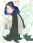  1girl black_hair blue_eyes blush boots closed_mouth cosplay elbow_gloves eyelashes fang full_body gloves hair_ornament hairclip highres kana_(kanna_runa0620) liko_(pokemon) looking_at_viewer medium_hair meowscarada meowscarada_(cosplay) pokemon pokemon_(anime) pokemon_ears pokemon_horizons skin_fang solo squatting standing 