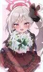  1girl black_scrunchie blue_archive blurry blurry_background blush border bouquet commentary dot_nose flower frills grey_hair hair_flower hair_ornament hair_scrunchie halo highres holding holding_bouquet long_hair looking_at_viewer mutsuki_(blue_archive) open_mouth outside_border petals pointy_ears red_flower red_halo red_skirt scrunchie side_ponytail skirt solo violet_eyes white_border white_flower xeneca 