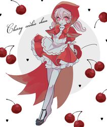  1girl bomb character_name cherry cherry_bomb cherry_cookie cookie_run dress explosive food fruit full_body holding humanization long_hair mamimumemo red_eyes red_hood smile solo twintails white_hair 