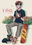  1boy bandaid black_cat black_shirt cat character_name commentary demorzel drinking drinking_straw eustass_kid flower full_body grey_pants highres male_focus one_piece outdoors pants pink_flower pink_tulip red_eyes red_flower red_nails red_tulip redhead shadow shirt shoes short_hair short_sleeves sitting skateboard sneakers sparkle symbol-only_commentary tulip yellow_flower yellow_tulip 