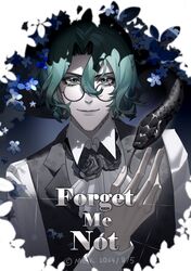  1boy artist_name ascot black_flower black_vest blue_flower character_name collared_shirt dark_background dated flower forget_me_not_(reverse:1999) glasses green_hair grey_eyes hair_between_eyes hand_up highres long_sleeves male_focus meskispainting neck_flower pale_skin reverse:1999 round_eyewear shirt short_hair smile snake solo upper_body vest waistcoat white_ascot white_shirt 