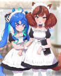  2girls @_@ ahoge alternate_costume animal_ears aqua_hair arm_grab blue_eyes blue_hair blurry blurry_background blush bokeh bow brown_eyes choker commentary cowboy_shot crossed_bangs depth_of_field dress ear_covers enmaided fang frilled_choker frilled_dress frills hair_bow heterochromia highres holding holding_menu horse_ears horse_girl horse_tail indoors long_hair looking_at_viewer maid maid_headdress menu multicolored_hair multiple_girls nice_nature_(umamusume) open_mouth pantyhose puffy_short_sleeves puffy_sleeves raised_eyebrows ransusan redhead short_sleeves sidelocks streaked_hair striped_bow tail twin_turbo_(umamusume) twintails two-tone_hair umamusume very_long_hair violet_eyes white_pantyhose white_wrist_cuffs wrist_cuffs 