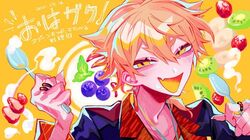  1boy aegyo_sal banana banana_slice black_jacket blush collarbone colored_tongue fang food fruit fushimi_gaku fushimi_gaku_(1st_costume) grapes hair_between_eyes hair_flaps half-closed_eyes hands_up himanemuitoma holding holding_spoon jacket jewelry kiwi_(fruit) kiwi_slice long_sleeves looking_at_viewer male_focus mint nijisanji orange_background orange_eyes orange_hair orange_tongue portrait ring simple_background skin_fang solo spoon strawberry tongue v-shaped_eyebrows 