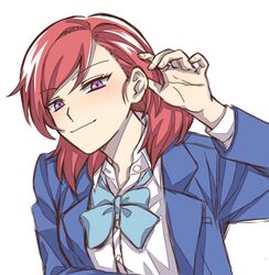  1girl arm_up blazer blue_bow blue_bowtie blue_jacket bow bowtie character_name closed_mouth collared_shirt commentary dress_shirt english_commentary jacket long_sleeves looking_at_viewer love_live! love_live!_school_idol_project medium_hair nishikino_maki otonokizaka_school_uniform redhead school_uniform shirt simple_background smile solo textless_version upper_body violet_eyes white_background white_shirt winter_uniform zenma_trang 