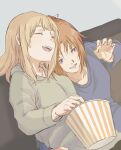  2girls arm_around_waist blonde_hair blue_shirt brown_hair closed_eyes commentary_request couch cuddling curryisfriend food grey_hair grey_sweater hand_on_another&#039;s_shoulder hand_on_another&#039;s_waist hibike!_euphonium highres holding holding_food indoors laughing liz_to_aoi_tori long_hair long_sleeves multiple_girls nakagawa_natsuki on_couch open_mouth popcorn shirt simple_background sitting smile sweater violet_eyes yoshikawa_yuuko yuri 