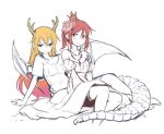  2girls alternate_costume bare_shoulders blonde_hair blush breasts crown dragon_girl dragon_horns dragon_tail dragon_wings flower frown girl_on_top gradient_hair hair_flower hair_ornament hand_on_ground heartgear horns jewelry kobayashi-san_chi_no_maidragon kobayashi_(maidragon) long_hair looking_at_viewer lying multicolored_hair multiple_girls necklace orange_eyes orange_hair redhead short_sleeves simple_background sitting tail tohru_(maidragon) white_background wings 