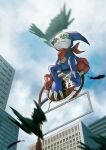  bird bly_mead building city clouds cloudy_sky creature digimon digimon_(creature) digimon_tamers feathers green_eyes highres impmon sitting sky window wings 