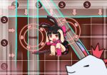  1girl absurdres animal_ears arrow_(symbol) barefoot black_hair black_shirt black_skirt blunt_bangs bow capelet commentary cowering english_commentary foot_wraps full_body hair_bow heavyblade_rabbit highres laser long_hair medium_bangs open_mouth pink_bow pink_eyes purple_capelet rabbit_and_steel rabbit_ears rabbit_girl ranalie_the_mystic_dragon scared shirt skirt solo sword tastelikenyan truth weapon 