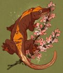  animal animal_focus branch brown_eyes commentary commission english_commentary flower full_body gecko green_background highres looking_at_viewer no_humans original pink_flower rentgraham reptile simple_background slit_pupils snapdragon solo 