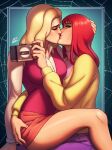  2dswirl 2girls ass_grab blonde_hair blue_eyes camera closed_eyes felicia_hardy highres holding holding_camera holding_head kiss long_hair looking_at_viewer marvel mary_jane_watson multiple_girls pink_sweater_vest redhead sitting sitting_on_lap sitting_on_person skirt spider-man:_the_animated_series spider-man_(series) sweater sweater_vest thighs yellow_sweater yuri 