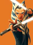  1girl 5health absurdres ahsoka_tano alien blue_eyes blue_tunic blue_vest colored_skin dual_wielding energy_sword fingerless_gloves gloves highres holding holding_lightsaber lekku_(anatomy) lightsaber looking_at_viewer orange_skin simple_background solo star_wars sword togruta upper_body vest weapon white_lightsaber 