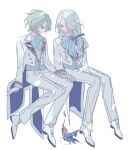  2boys ascot bad_id bad_pixiv_id blue_ascot blue_butterfly bug butterfly closed_mouth collared_shirt ensemble_stars! fire full_body gloves green_hair grey_hair hair_between_eyes holding_hands invisible_chair jacket long_hair long_sleeves male_focus meremero multiple_boys pants ponytail ran_nagisa red_eyes shirt shoes short_hair simple_background sitting smile tomoe_hiyori violet_eyes white_background white_footwear white_gloves white_jacket white_pants white_shirt 