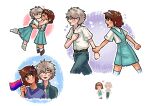  1boy 1girl absurdres bisexual_flag bisexual_male blue_eyes blue_hairband blue_sweater blush brown_hair chibi closed_eyes closed_mouth collar couple denim dress english_commentary genderswap genderswap_(mtf) grey_hair hair_ornament hairband hairpin hand_on_another&#039;s_thigh hands_on_another&#039;s_cheeks hands_on_another&#039;s_face heart highres ikari_shinji imminent_kiss jeans kiss lillaland looking_at_another nagisa_kaworu neon_genesis_evangelion open_mouth pants red_eyes short_hair sweater white_collar 