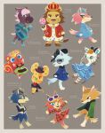  4girls 6+girls animal_crossing arms_at_sides audie_(animal_crossing) belt black_hat black_jacket black_shirt blonde_hair blue_coat blue_dress blue_eyes blue_hat border bow bowtie brown_hair candy caroline_(animal_crossing) chadder_(animal_crossing) character_name chief_(animal_crossing) coat collared_shirt colored_sclera crossed_arms dress elvis_(animal_crossing) eyeshadow food freya_(animal_crossing) full_body fur-trimmed_robe fur_trim furry furry_female furry_male glasses green_dress green_eyes grey_background grey_border grey_hat grey_vest hands_in_pockets hat head_wreath highres holding holding_candy holding_food holding_lollipop horse_girl jacket jewelry lion_boy lobo_(animal_crossing) lollipop makeup multiple_girls necklace necktie one_eye_closed open_mouth outstretched_arms pawpads pink_hair red_bow red_bowtie red_dress red_robe reneigh_(animal_crossing) robe savannah_(animal_crossing) scar scar_on_cheek scar_on_face shirt squirrel_girl tinted_eyewear top_hat ukata vest whitney_(animal_crossing) wolf_boy wolf_girl yellow_necktie yellow_sclera zebra_girl 