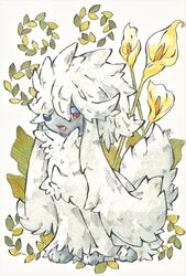  fang flower furfrou half-closed_eyes highres leaf looking_at_viewer no_humans open_mouth pokemon pokemon_(creature) rai_(rai_kw) red_eyes simple_background solo standing white_background white_fur 