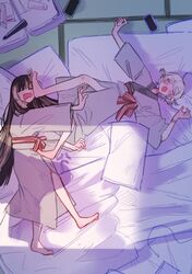  2girls absurdres black_hair blunt_bangs blush cellphone grey_hair highres hololive hololive_dev_is juufuutei_raden long_hair looking_at_viewer multicolored_hair multiple_girls open_mouth orizee31415 phone short_hair sleeping smartphone streaked_hair todoroki_hajime two_side_up virtual_youtuber 