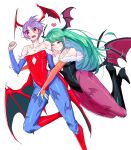 ! 2girls bat_wings boots breasts dan_koflove demon_girl green_hair hand_on_another&#039;s_thigh head_wings heart highres large_breasts leotard lilith_aensland long_hair morrigan_aensland multiple_girls one_eye_closed short_hair small_breasts vampire_(game) wings yuri 