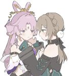  2girls bare_shoulders blush commentary_request dress forehead_jewel fu_xuan_(honkai:_star_rail) green_dress green_eyes hair_between_eyes hair_ornament hairclip hamu_(hamusand) highres honkai:_star_rail honkai_(series) long_hair long_sleeves looking_at_another low_twintails multiple_girls parted_bangs pink_hair qingque_(honkai:_star_rail) simple_background twintails upper_body white_background 