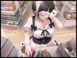  1boy 1girl absurdres black_hair blindfold bob_cut buying_condoms cash_register cashier condom convenience_store from_above hasumi_(hasubatake39) highres maid original piercing pov shop shopping skirt standing 