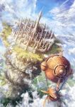  aircraft airship architecture artist_name blue_sky city clouds cloudy_sky concept_art day fantasy from_above garutaisa highres no_humans original outdoors scenery sky spire tower watermark 
