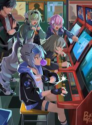  1boy 4girls absurdres arcade black_coat black_gloves black_hair black_hairband blade_(honkai:_star_rail) blowing_bubbles blue_coat coat crop_top drill_hair drill_ponytail eyewear_on_head fingerless_gloves firefly_(honkai:_star_rail) gloves grey_hair hair_between_eyes hair_ribbon hairband highres honkai:_star_rail honkai_(series) long_hair march_7th_(honkai:_star_rail) multiple_girls pink_hair ribbon shirt silver_wolf_(honkai:_star_rail) stelle_(honkai:_star_rail) sweatdrop trailblazer_(honkai:_star_rail) two-tone_eyes white_shirt zb_relic 