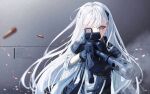  1girl absurdres ak-alfa ak-alfa_(girls&#039;_frontline) bag black_bag black_gloves black_jacket blunt_bangs casing_ejection commentary english_text firing girls_frontline gloves gun hair_ornament highres holding holding_gun holding_weapon jacket long_hair multicolored_clothes multicolored_jacket red_dot_sight shell_casing shoulder_bag siki10ga smoke sparks swept_bangs two-tone_background two-tone_jacket upper_body very_long_hair weapon white_hair white_jacket yellow_eyes 