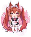  1girl airi_(akamichiaika) alternate_costume animal_ears bow breasts brown_hair chibi daiwa_scarlet_(umamusume) elbow_gloves enmaided fang garter_straps gloves hair_bow hair_intakes highres horse_ears horse_girl horse_tail large_breasts long_hair looking_at_viewer maid maid_headdress pink_bow pink_hair puffy_short_sleeves puffy_sleeves red_bow short_sleeves skin_fang solo tail thigh-highs twintails umamusume white_gloves white_thighhighs 