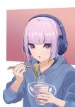  1girl blue_hair blue_hoodie chopsticks colored_inner_hair commentary_request drawstring food headphones highres holding holding_chopsticks holding_food hood hoodie long_sleeves multicolored_hair novi_visual open_mouth original purple_hair ramen red_background solo two-tone_background upper_body violet_eyes white_background 