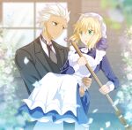  1boy 1girl ahoge alternate_costume apron archer_(fate) artoria_pendragon_(fate) blonde_hair blue_dress blue_ribbon broom brown_eyes butler carrying cimeri closed_mouth dress enmaided fate/stay_night fate_(series) green_eyes hair_ribbon maid maid_apron necktie open_mouth outdoors princess_carry ribbon suit sweeping white_hair 