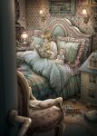  1girl absurdres bed bedroom blonde_hair blurry blurry_foreground book chair child comforter doll doll_house door door_handle headboard highres holding holding_book key kobone_awaki lamp nightgown original photo_(object) picture_book pillow rug sitting smile solo stuffed_animal stuffed_toy teddy_bear toy toy_block toy_train wall_lamp wallpaper_(object) wooden_floor 