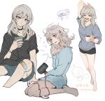  1girl air_conditioner arm_up bandaid bandaid_on_knee bandaid_on_leg barefoot black_shirt black_shorts blue_shirt blue_shorts blush catowjeemson chinese_commentary closed_mouth coffee_mug commentary_request cup girls_band_cry grey_eyes grey_hair hair_dryer highres holding holding_cup holding_hair_dryer kawaragi_momoka long_hair mug multiple_views one_eye_closed parted_lips shirt short_sleeves shorts simple_background squeans stretching sweat twitter_username white_background 