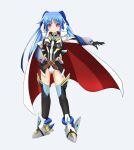  1girl armored_shoes blue_hair cape cosplay full_body gloves hands_on_own_hips highres kazanari_tsubasa kazanari_tsubasa_(cosplay) leotard leotard_peek levi_the_slasher lyrical_nanoha mahou_shoujo_lyrical_nanoha_detonation official_alternate_costume oshimaru026 outstretched_arm pink_eyes senki_zesshou_symphogear senki_zesshou_symphogear_xd_unlimited solo standing thigh-highs twintails two-sided_cape two-sided_fabric 