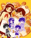 2girls 4boys aubrey_(headspace)_(omori) aubrey_(omori) baguette ball barefoot biscuit_(omori) black_eyes black_hair blue_shirt blush bow bread bread_slice brown_eyes brown_hair chibi closed_mouth colored_skin croissant doughie_(omori) expressionless food hair_bow hero_(headspace)_(omori) hero_(omori) highres holding holding_ball holding_knife holding_spatula holding_stuffed_toy kel_(headspace)_(omori) kel_(omori) knife loaf_of_bread long_hair long_sleeves looking_at_viewer multiple_boys multiple_girls o_tori_mhyk omori omori_(omori) pajamas pink_bow purple_hair sesame_(omori) shirt short_hair short_sleeves slice_(omori) smile spatula stuffed_eggplant stuffed_toy vertical-striped_pajamas violet_eyes white_skin 
